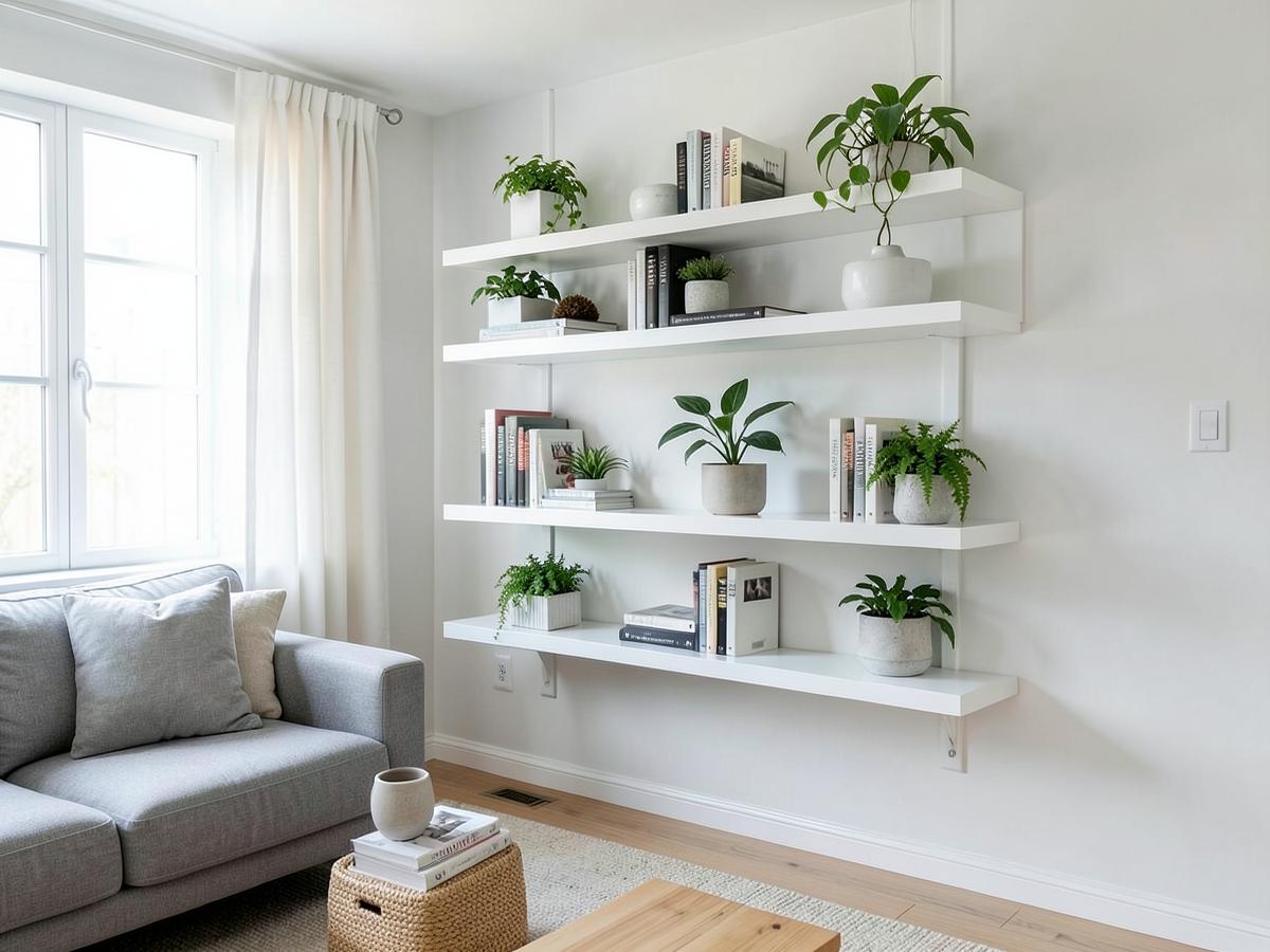 Neatly installed wall shelves with books and plants