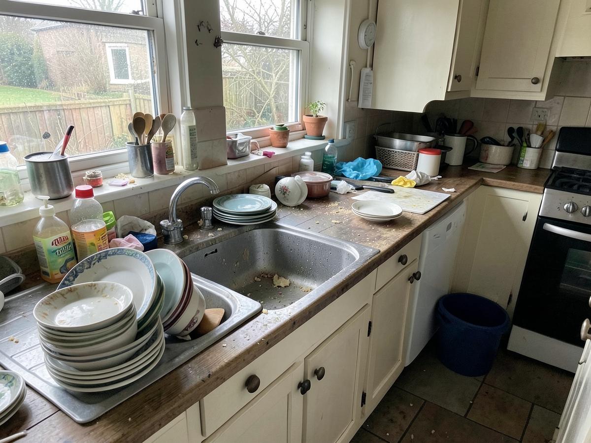 Cluttered kitchen worktop before cleaning