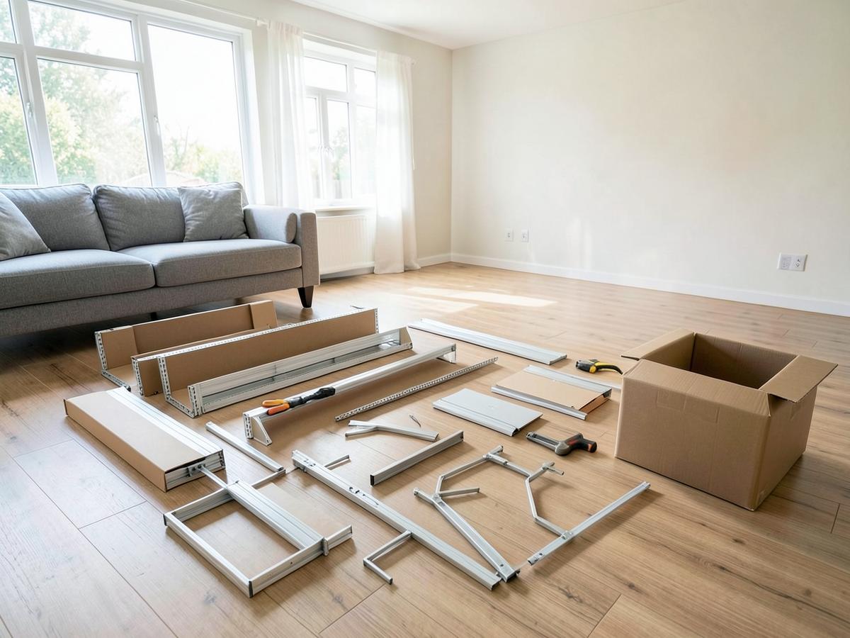 Flat-pack shelving parts laid out on the floor